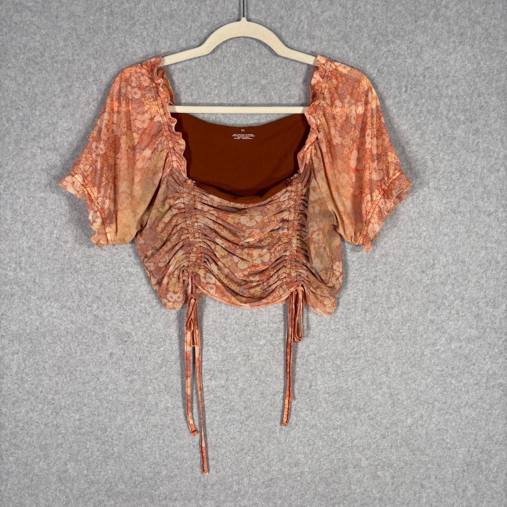 Y2K Ruched Mesh Crop Top XL Orange Floral Ruffle Milkmaid Boho Festival Coquette